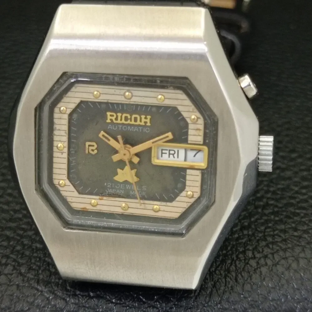 Vintage 1975 Ricoh Automatic Mens Silver Watch W/daydate & Gold accents